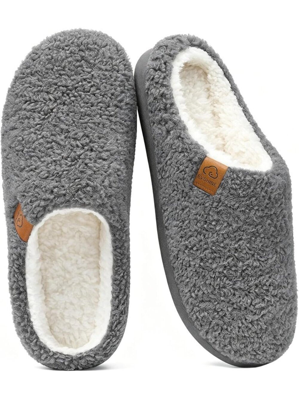 Women Grey Pull-On Curly Fleece House Shoes Warm Indoor Outdoor Fuzzy Slippers